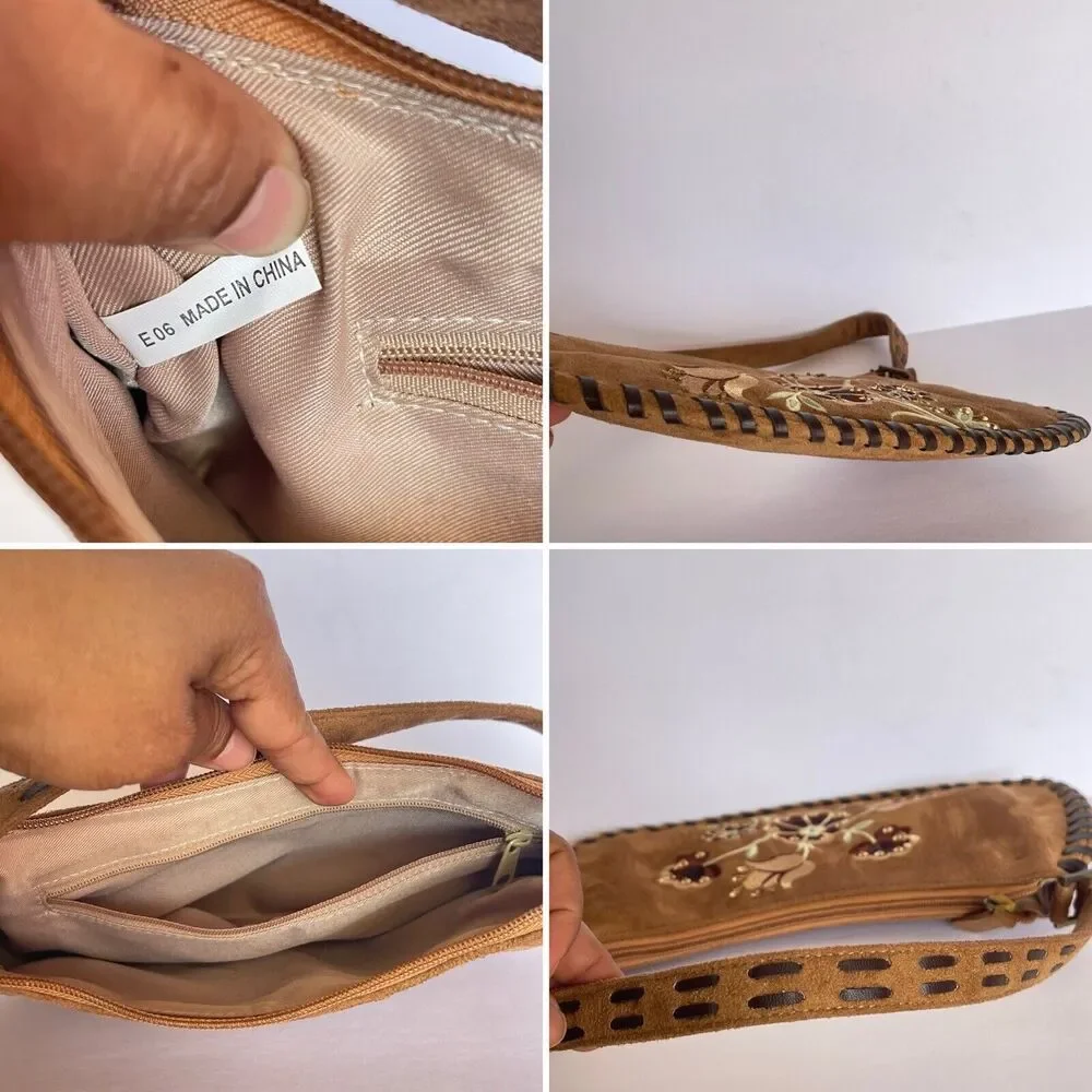 Women Sewn Edges Handbag Suede leather Brown Embroidery